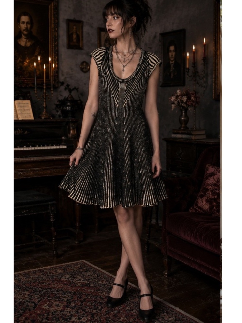 Free People “Hot Off the Press” Ribbed Knit Fit + Flare Dress in Black / Cream